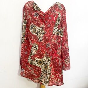 Venezia Semi Sheer Draped Neck Asymmetrical Hem Red Paisley Blouse 22/24